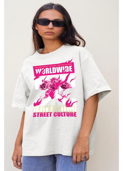 Női oversize póló Worldwide Street mintával, pamut, fehér, XS-S