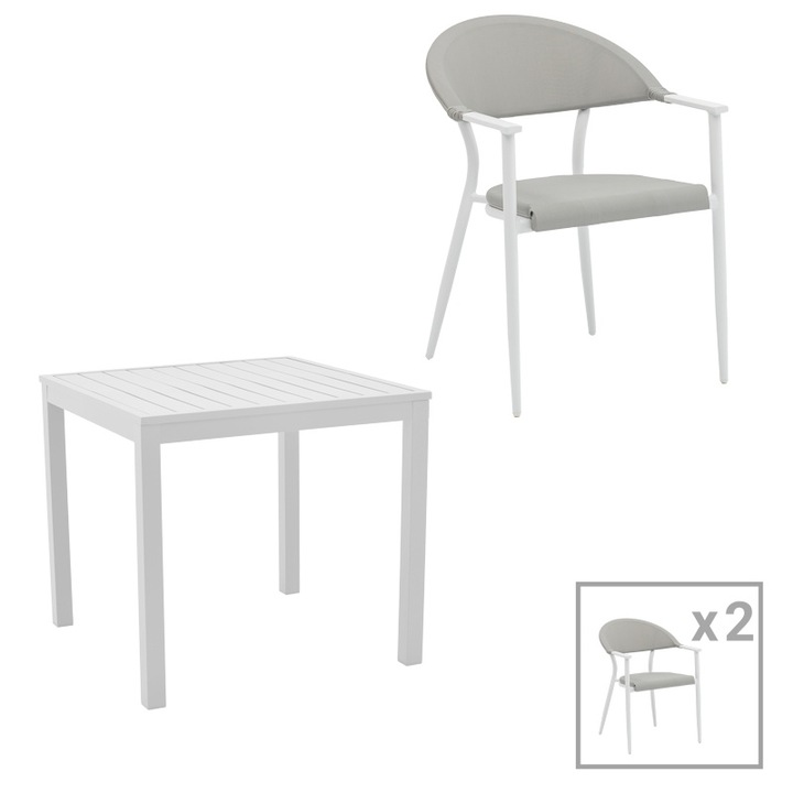 Set masa si scaune de exterior, 3 Piese, Model Kliton-Pino, Alb, 80x80x74 cm