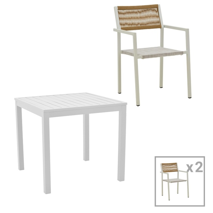 Set de 3 buc masa si scaune de gradina Mauro aluminiu alb si ratan culoare naturala 80x80x74 cm