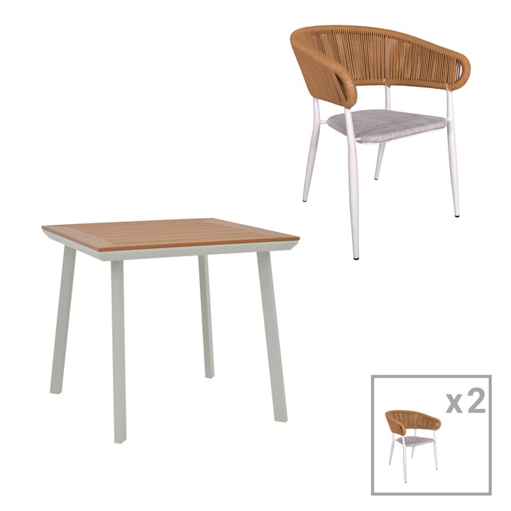 Set de 3 buc masa si scaune de gradina Rocco aluminiu alb si placaj culoare naturala 80x80x74 cm