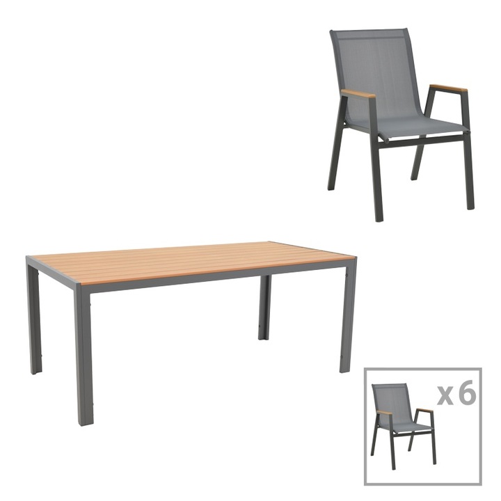 Set de 7 buc masa si scaune de gradina Fabio aluminiu antracit si placaj in nuanta naturala 180x90x72.5 cm