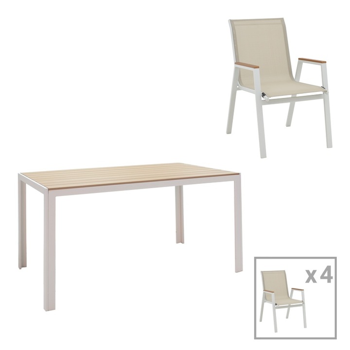Set de 5 buc masa si scaune de gradina Fabio aluminiu alb si placaj in nuanta naturala 140x80x72.5 cm