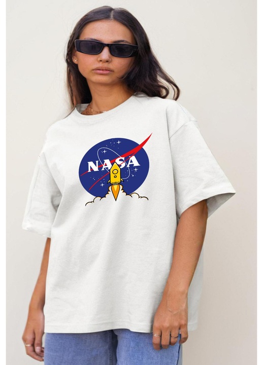 Női oversize póló NASA rakéta mintával, pamut, fehér, XS-S