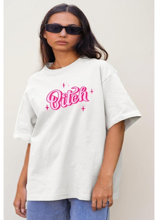 Női oversize póló Barbie Bitch mintával, pamut, fehér, XS-S