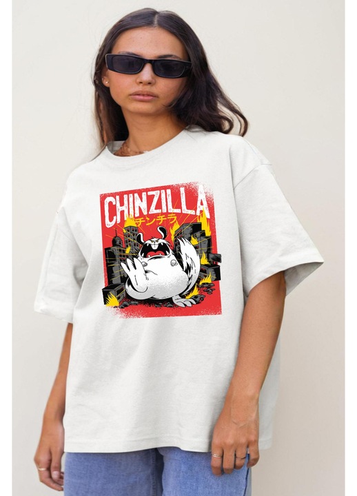 Női oversize póló Chinzilla City mintával, pamut, fehér, XS-S
