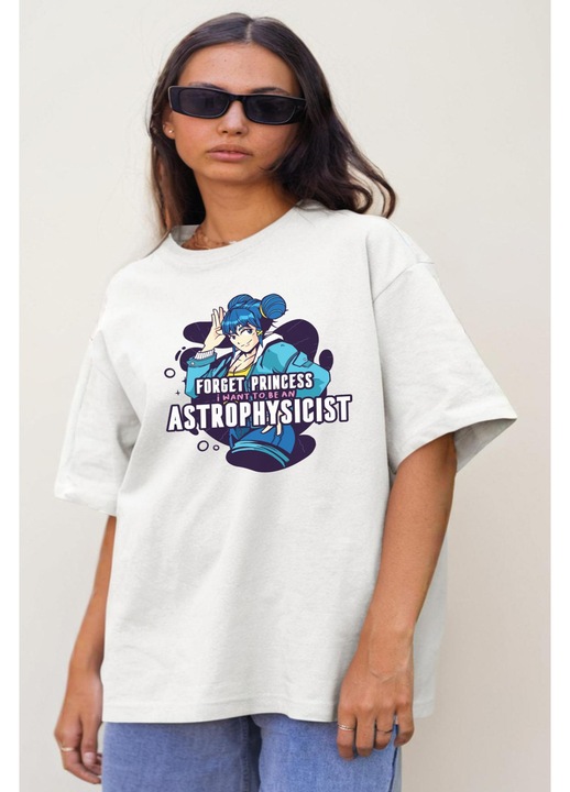 Tricou oversize pentru femei cu imprimeu Astrophysicist Princess, Bumbac, Alb, XS-S