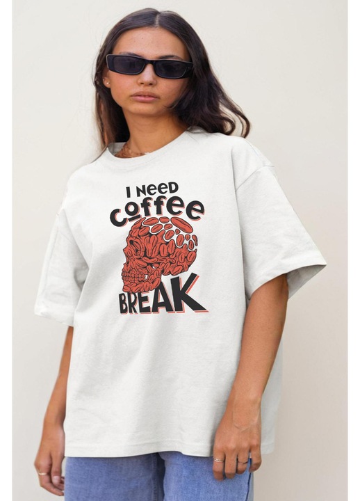 Tricou oversize pentru femei cu imprimeu Coffee Skull, Bumbac, Alb, XS-S