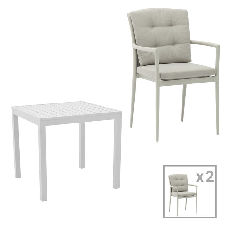 Set de 3 buc masa si scaune de gradina Camila Moritz aluminiu alb si gri 80x80x74 cm