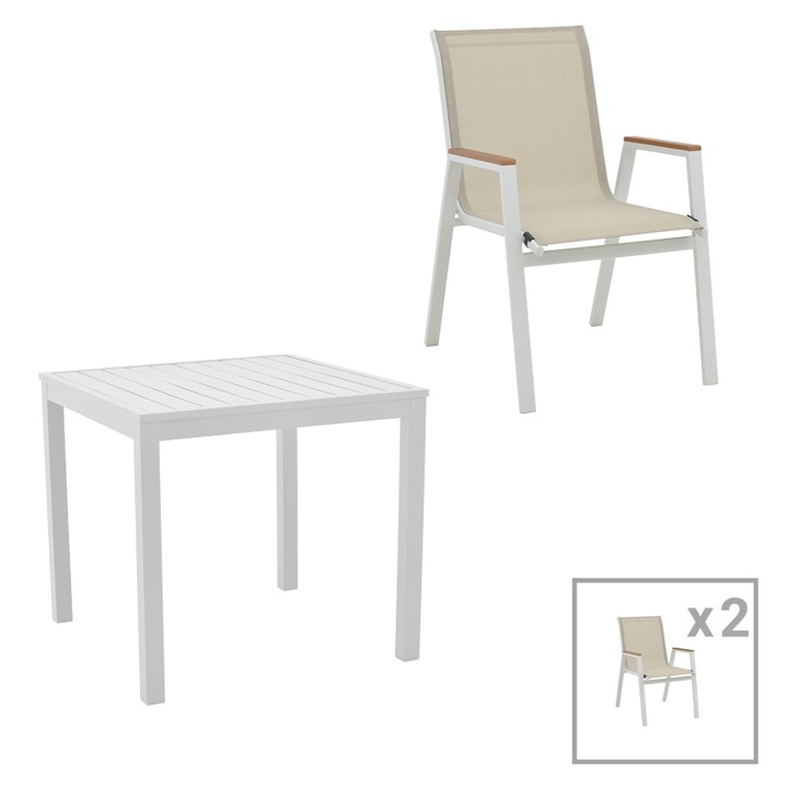 Set masa si scaune de exterior, 3 Piese, Model Kliton-Azelie, Alb, 80x80x74 cm