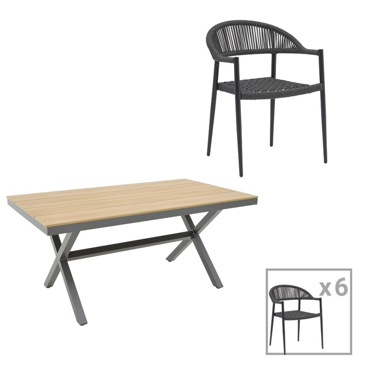 Set de 7 buc masa si scaune de gradina Renzo Dani Freiburg aluminiu antracit si placaj nuanta naturala 160x90x75 cm