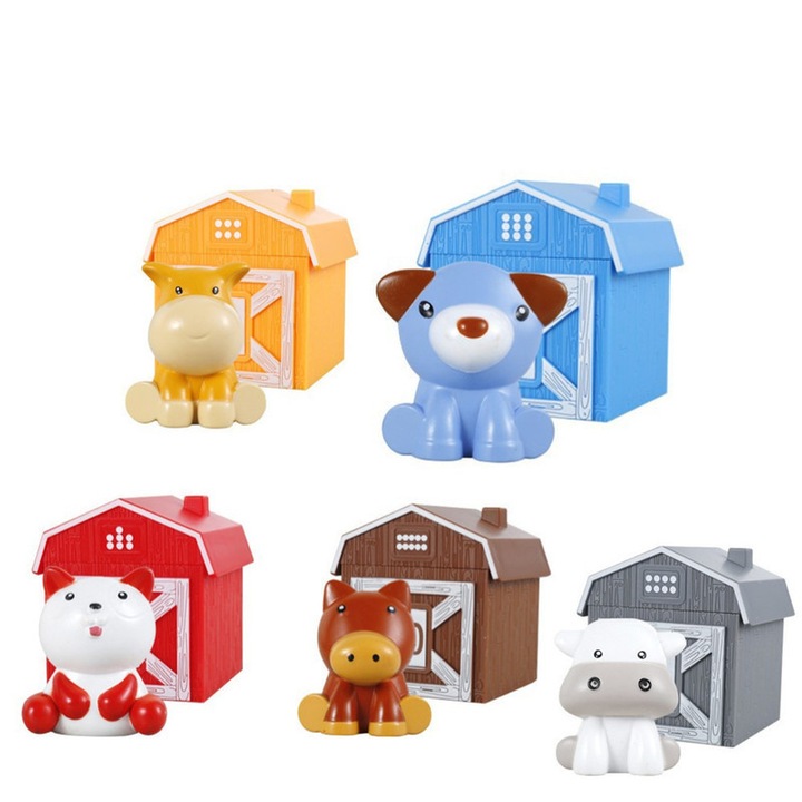 Set Educativ Montessori Ferma Animalelor pentru Copii 18+ luni, Jucarie Interactiva cu Sortare si Stivuire, Cadou Ideal pentru Dezvoltare Cognitiva, 5 bucati, Multicolor, Maro