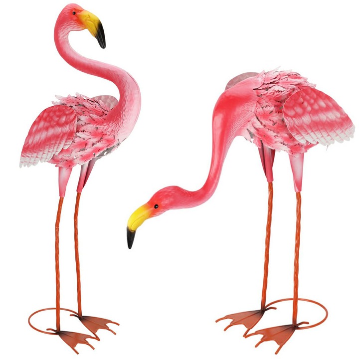 Kerti dekoráció, Flamingó, Szett, Fém, Tetszetős Dizájn, Tartós és Ellenálló, Ideális Kertbe és Beltérbe, Stabil felépítés, Könnyű összeszerelés, Földmagasság, Fém szín, Fém kollekció