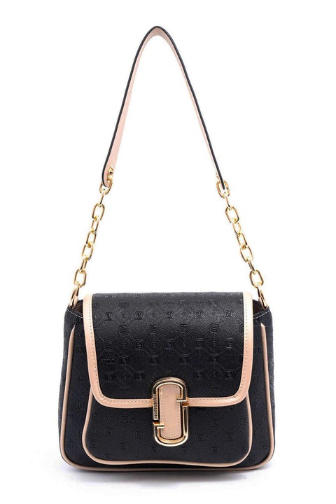 Silver&Polo, Geanta din piele ecologica cu bareta de umar si buzunar frontal, Negru, Piersica