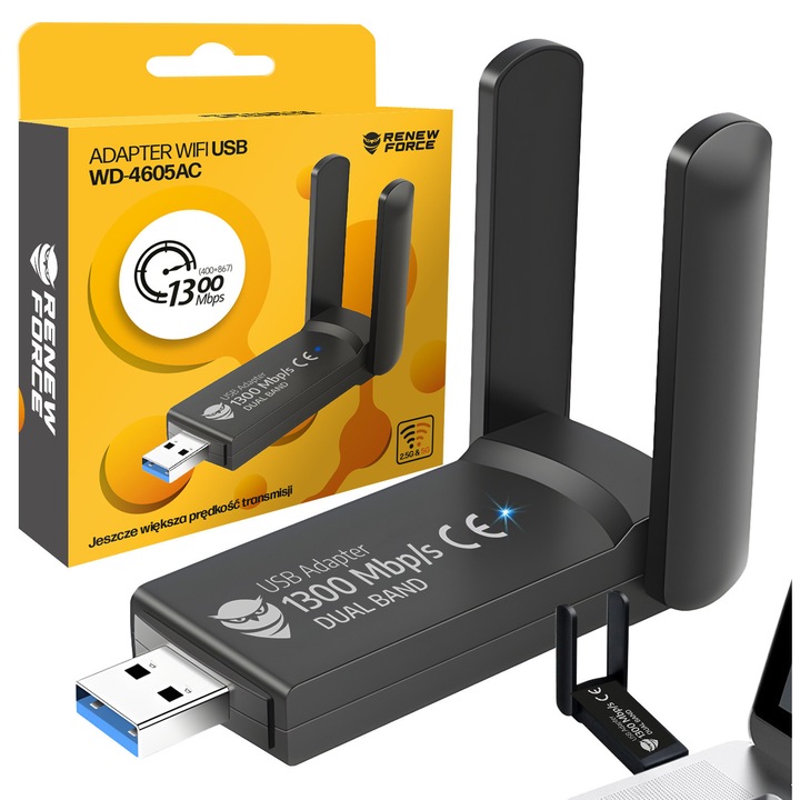 Adaptor Wireless Extender USB3.0, Renew Force, Banda Duala 2.4Ghz- 5 Ghz, 1300 Mbps, Cu antene duble, Pentru PC Desktop Laptop, Suporta Windows 10/8/7/Vista/XP, Linux, Mac Os, Negru, WD-4605AC 1300Mbps NEW