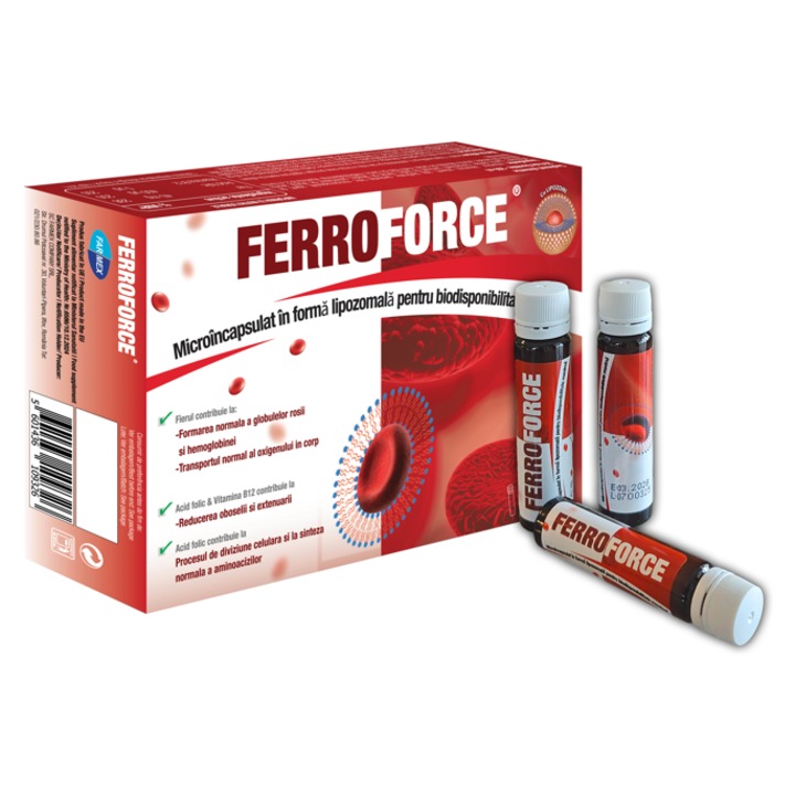 Ferroforce Fiole Buvabile, Fier 40 mg microincapsulat, vitamina B12 infroma Lipozoma si Acid Folic, cu textura si gust placut de aroma naturala de cacao si banana