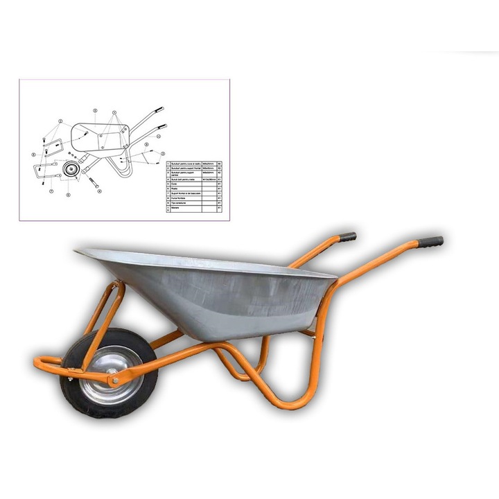 Roaba, cuva metalica 90 Litri, roata plina din cauciuc reciclat