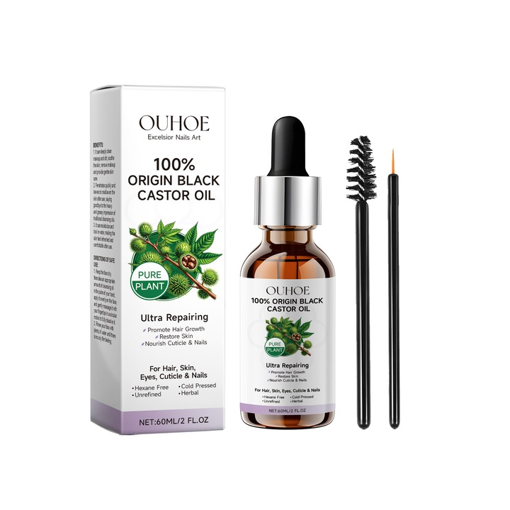 Ulei de ricin organic, ulei de ricin pentru cresterea parului pentru un par mai sanatos si plin, ulei de ricin pentru ingrijirea pielii si a parului Sprancene, gene, par, neted, ulei esential pentru ingrijire cu efecte multiple