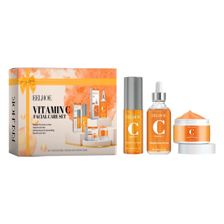 Set de ingrijire a pielii pentru ingrijirea fetei, set cadou pentru femei, kit de ingrijire a pielii cu vitamina C, cu spray de fata, ser de fata, crema, eliminarea melaninei