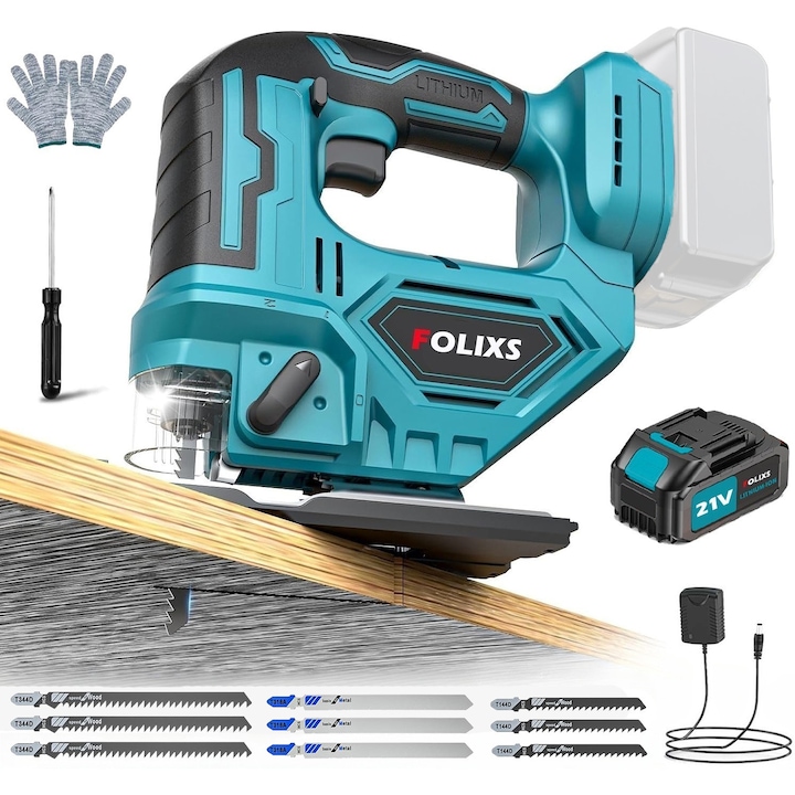 Akkus szúrófűrész, Folixs®, 21V, 3000mAh, 3 sávbeállítás, 0°-45° vágási szög, változtatható sebesség, LED világítás, biztonsági zár, porvédő, 9 penge, kék