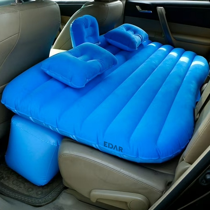 Матрак за кола EDAR за столче за кола, лесен за съхранение, идеален за къмпинг, екскурзии, туризъм, градина, риболов, включени 2 възглавници и електрическа помпа, 125 x 75 см, син