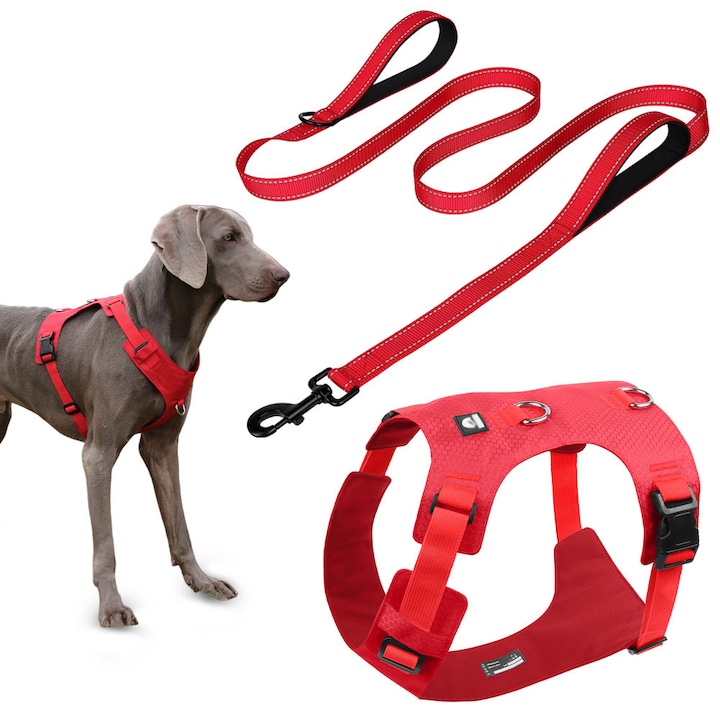 Set Ham si Lesa pentru Caini MUGIM, Tip Aer Fara Presiune, Ham Usor 180g si Lesa cu maner moale, Respirabil, Rosu, Max 45kgs, XL