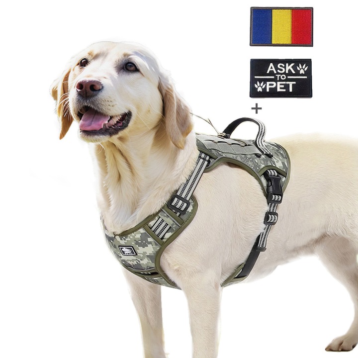 Ham tactic pentru caini, MUGIM, cu 2 Bucati de velcro brodat, Ajustabila, cu Benzi Reflectorizante, Verde Camuflaj, max 45kgs, XL