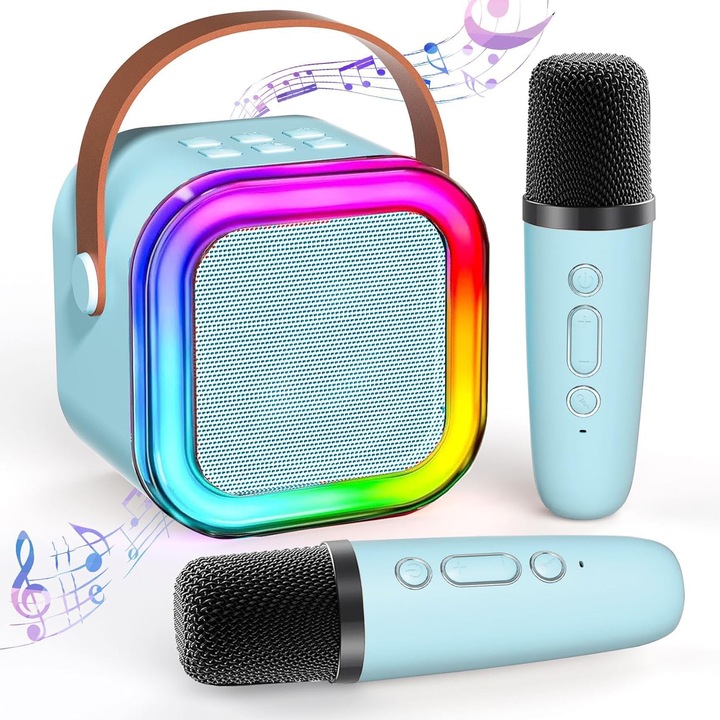 Boxa Portabila Cu Doua Microfoane EMATTERIO™, Set Karaoke Wireless Pentru Copii Si Adulti, Bluetooth, Lumini RGB, 4 Efecte Vocale, Type-C, Aux, Albastru