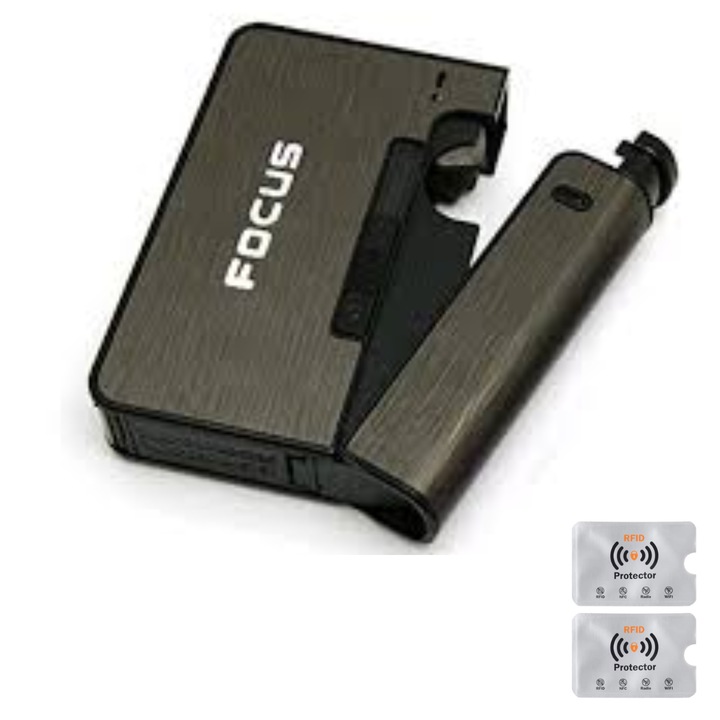 Tabachera, Suport Tigari Carcasa Metalica 8 Tigarete, Automat, Posibilitate atasare bricheta, 2 Protectii Rfid, UnderShop®