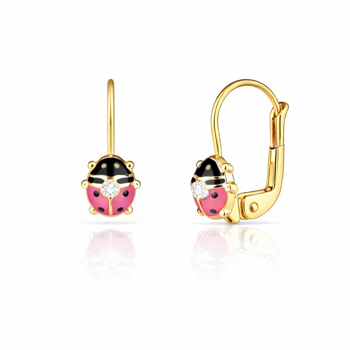 Cercei cu Tortite pentru Copii din Aur Galben de 18K cu Diamante de 0.05ct, Buburuza, Sandra Ferretti