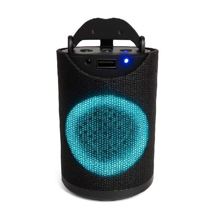 Boxa portabila, Bluetooth, Wireless, Radio FM, Putere 4 W, Suport telefon, Handsfree, Jocuri de lumini RGB, Negru
