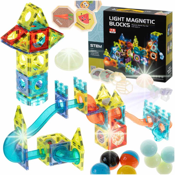 Set de constructie cu blocuri magnetice, 75 elemente, culori luminoase, dimensiuni 31x25x8cm