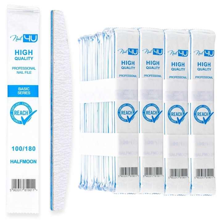 Set 100 Pile Unghii Nail4U Profesionale 100/180, Forma Barca, Hartie Abraziva Coreeana, Ambalate Individual pentru Igiena – Unica Folosinta, Ideale Manichiura si Saloane Cosmetice