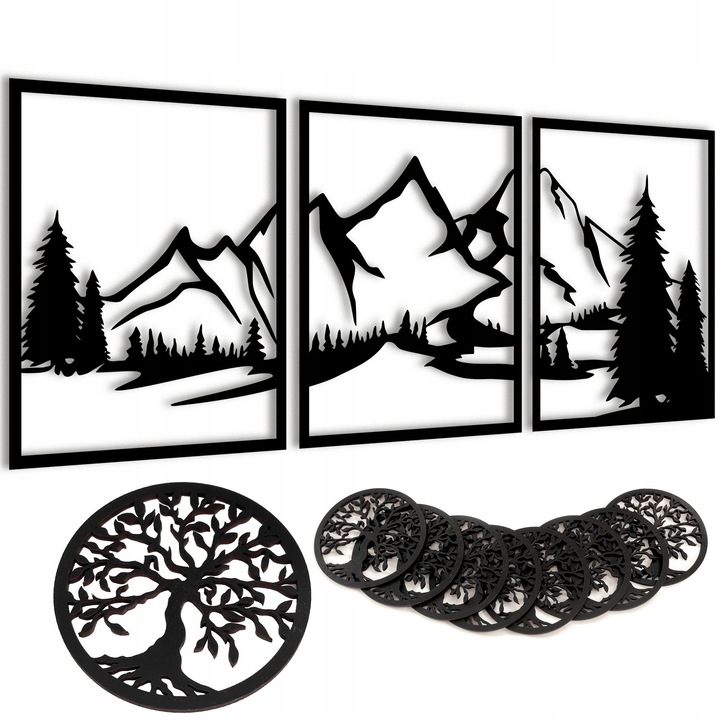 Декоративна ажурна картина L 152x60 см от HDF Premium, черна, лазерно рязане + 8 поставки Tree of Life подарък