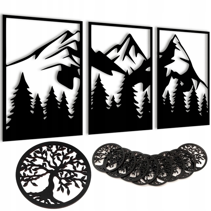 Декоративна ажурна картина XL 182x100 см от HDF Premium, черна, лазерно рязане + подарък 8 поставки Tree of Life