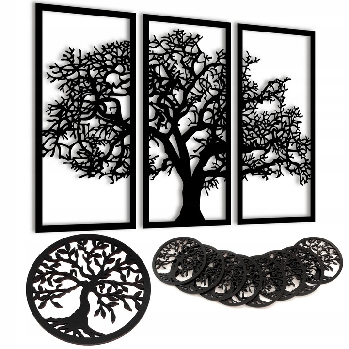 Декоративна ажурна картина L 128x90 см от HDF Premium, черна, лазерно изрязване + подарък 8 поставки Tree of Life