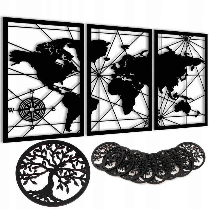 Декоративна стенна карта M 101x54 см от HDF Premium, черна, лазерно изрязана + подарък 8 поставки Tree of Life