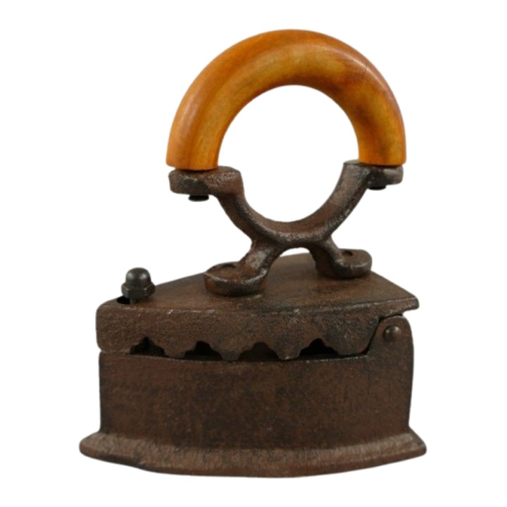 Fier de calcat decorativ din fonta, model vintage rustic cu maner din lemn, L. 10 cm