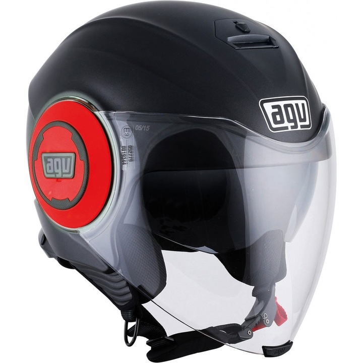 Casca moto FLUID AGV E2205 SOLID MATT BLACK/RED made by AGV Italia, omologare E2205, ochelari de soare, Marimea XS