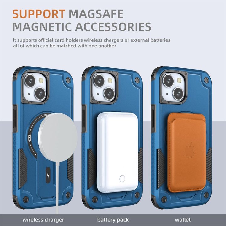 Husa Bumper Compatibil cu iPhone 15, Protectie 4 Colturi Anti-soc, Suport Fix, MagSafe Compatibil, Magnet Puternic, PC + TPU, Albastru inchis