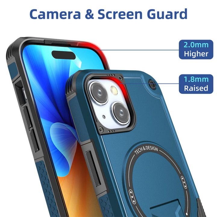 Husa Bumper Compatibil cu iPhone 15, Protectie 4 Colturi Anti-soc, Suport Fix, MagSafe Compatibil, Magnet Puternic, PC + TPU, Albastru inchis
