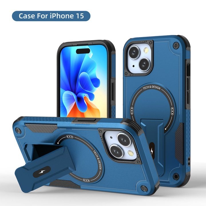 Ütésálló tok állvánnyal, MagSafe kompatibilis, megerősített sarkokkal, PC+TPU, iPhone 15-höz, sötétkék