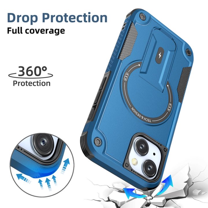Husa Bumper Compatibil cu iPhone 15, Protectie 4 Colturi Anti-soc, Suport Fix, MagSafe Compatibil, Magnet Puternic, PC + TPU, Albastru inchis