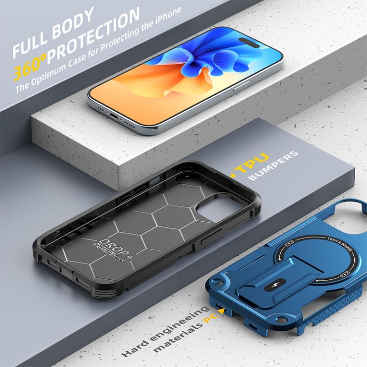 Husa Bumper Compatibil cu iPhone 15, Protectie 4 Colturi Anti-soc, Suport Fix, MagSafe Compatibil, Magnet Puternic, PC + TPU, Albastru inchis