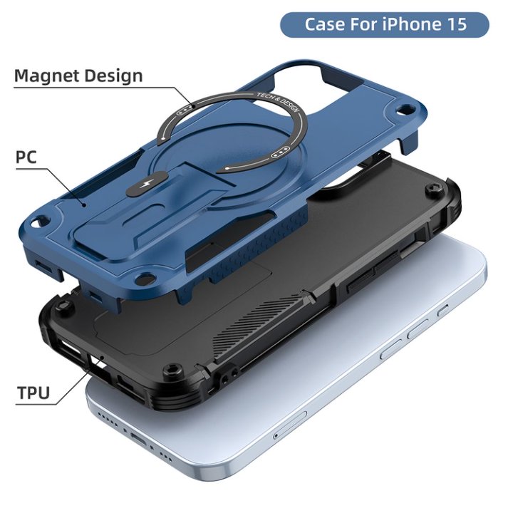 Husa Bumper Compatibil cu iPhone 15, Protectie 4 Colturi Anti-soc, Suport Fix, MagSafe Compatibil, Magnet Puternic, PC + TPU, Albastru inchis