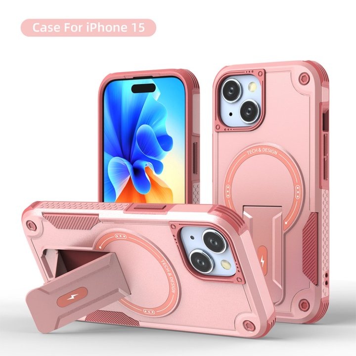 Удароустойчив калъф със стойка, съвместим с MagSafe, подсилени ъгли, PC+TPU, за iPhone 15, розов