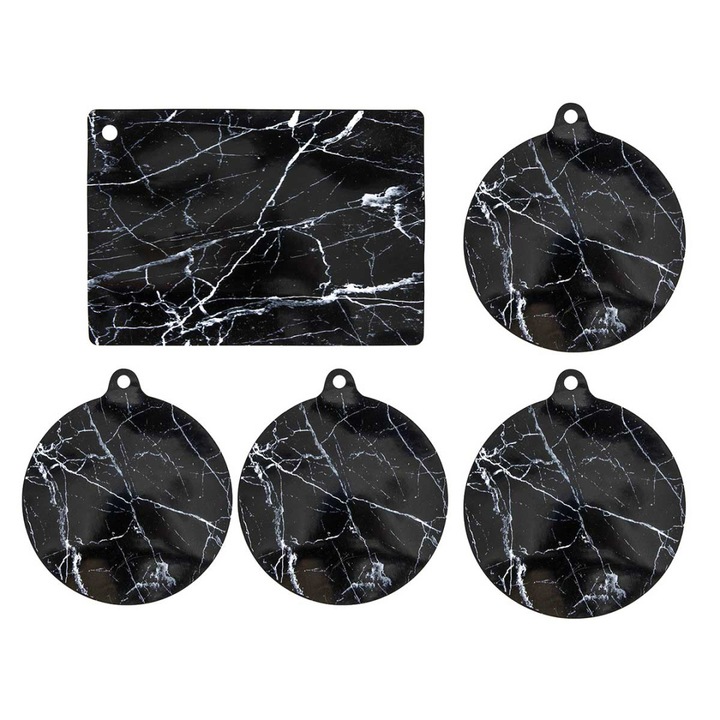 Set 5 suporturi de protectie pentru plita cu inductie, MPLCo, model marmura, silicon, rezistente la temperaturi de pana la 240°C, negru