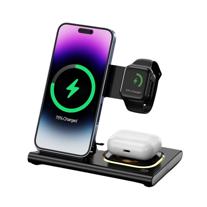 Incarcator Wireless Plemory® tip Statie Incarcare 4 In 1, Qi, Fast Charger 23W, pentru Telefon, Smart Watch, Casti, Lumina de Noapte LED, Compatibil iPhone, Apple Watch, AirPods, Samsung, Android, Incarcare USB-C, Negru