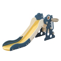 Tobogan pentru copii Nichiduta Garden Dinosaur Blue, cu mini-cos de Baschet si joc de precizie cu inele, prevazut cu scara, manere de sustinere, design pliabil, dimensiune 150 x 67.5 cm