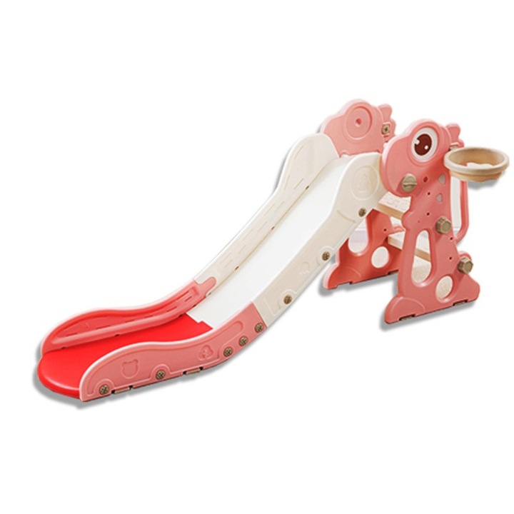 Tobogan pentru copii Nichiduta Garden Dinosaur Pink, de interior/exterior cu mini-cos de Baschet si joc de precizie cu inele, prevazut cu scara, manere de sustinere, design pliabil, dimensiune 150 x 67.5 cm