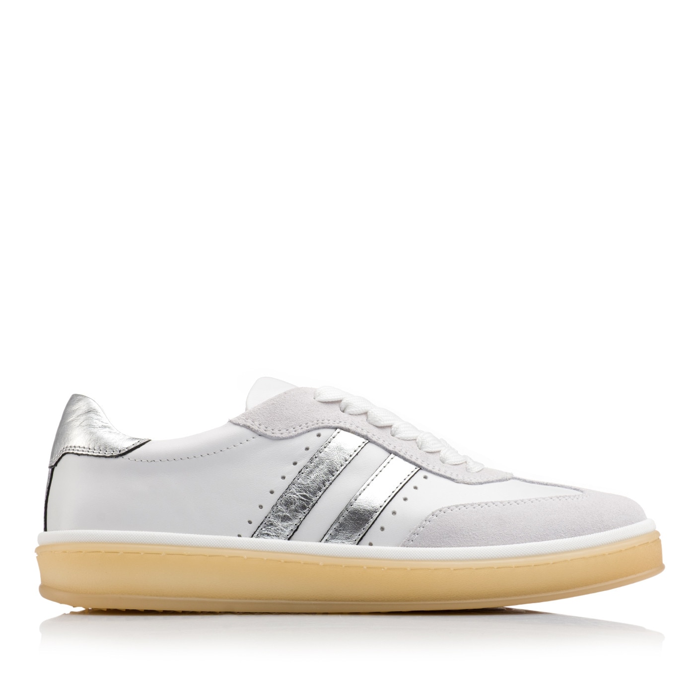 Sneakers dama, Musette, KANNA A272, Piele naturala, Alb/Argintiu